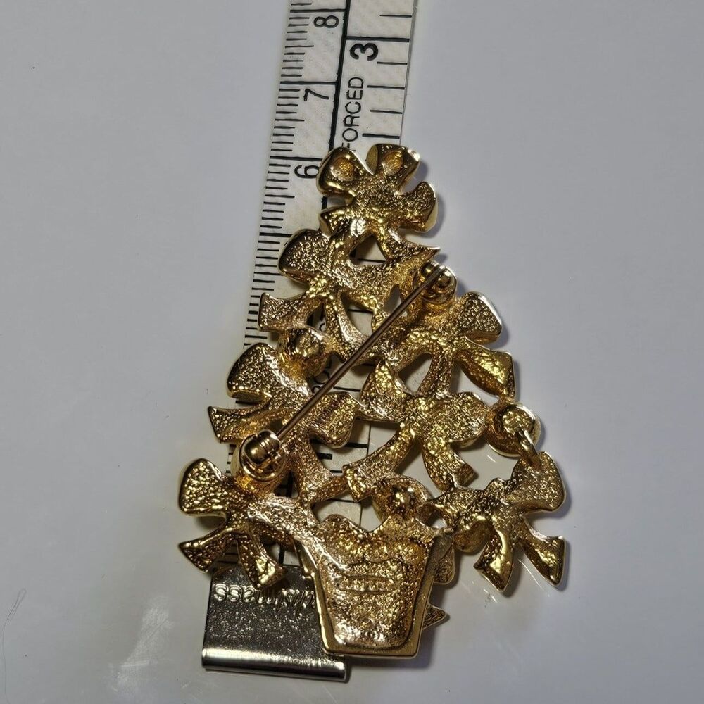 Vintage Avon Christmas Tree Bow Brooch Blue AB Rhinestones Gold Tone Pin - Picture 7 of 10